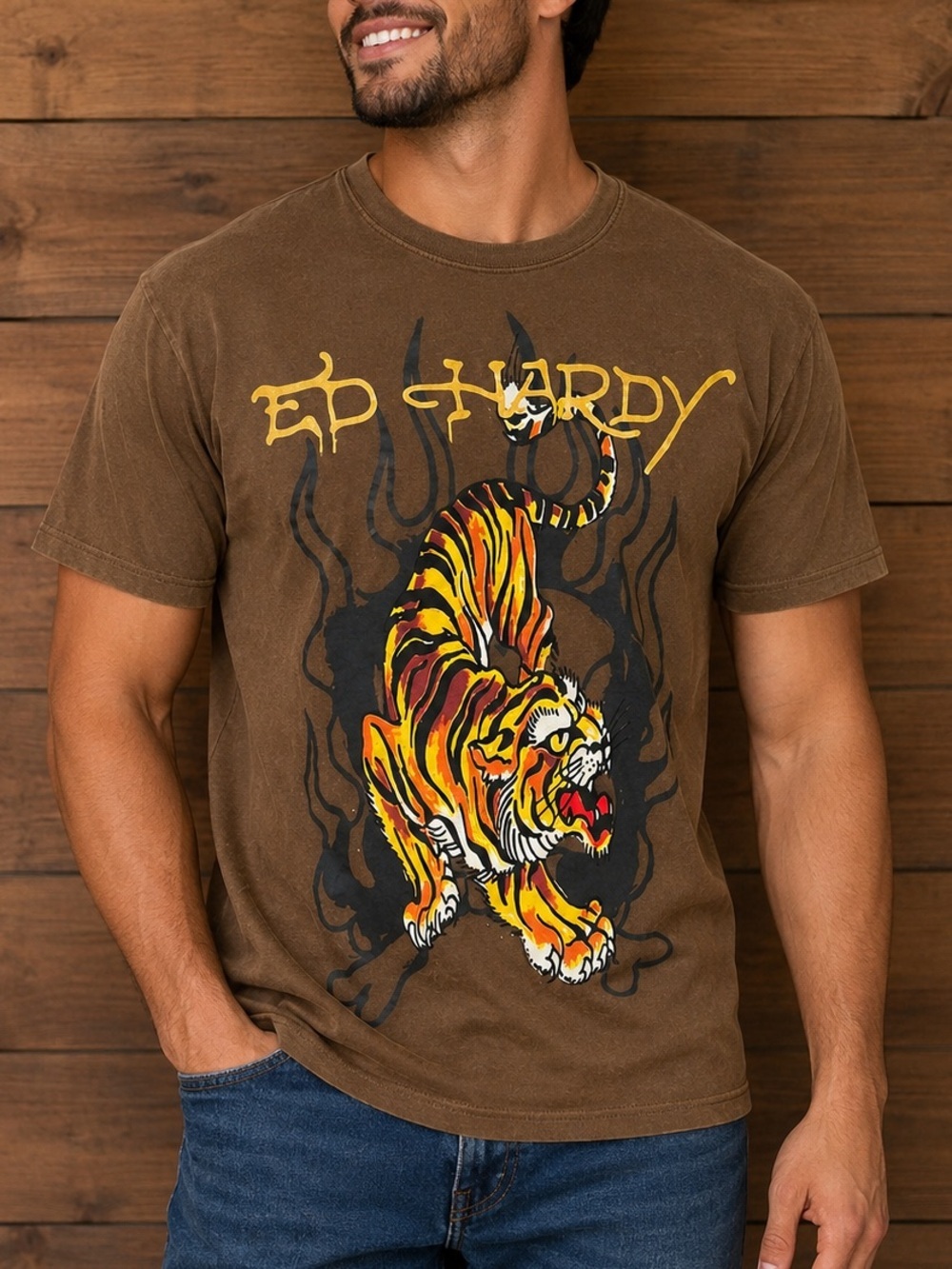 Ed Hardy Brown Short-Sleeve Tiger Graphic Tee LARGE